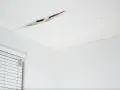 Pęknięcie na suficie w bloku, widoczne fragmenty tynku i izolacji. Obok okno z żaluzjami.