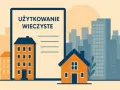 Dokument "Użytkowanie wieczyste" obok domów i wieżowców.