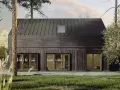 Nowoczesny dom za 200 tys do zamieszkania, z drewnianą elewacją i dużymi oknami, otoczony zielenią.