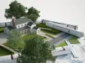 Model domu z planami i materiałami budowlanymi. Część budynku na działce sąsiada, symbolizująca projektowanie i planowanie.