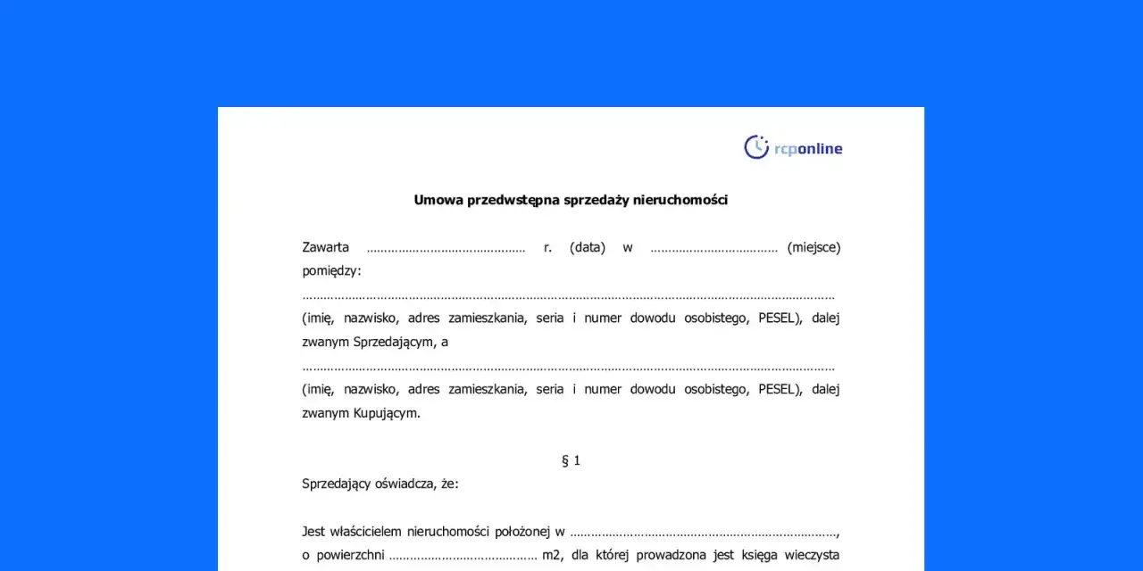 Umowa przedwstępna sprzedaży nieruchomości z zadatkiem. Dokument zawiera dane sprzedającego i kupującego, a także oświadczenie sprzedającego o prawie własności.