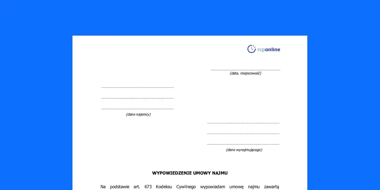 Wypowiedzenie umowy najmu, które może wiązać się z karą za zerwanie umowy najmu na czas określony. Dokument zawiera pola na dane najemcy i wynajmującego.