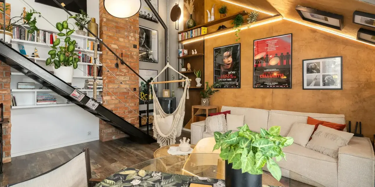 Przytulne mieszkanie w stylu loft z ceglaną ścianą, metalowymi schodami, wiszącym fotelem i plakatami filmowymi.