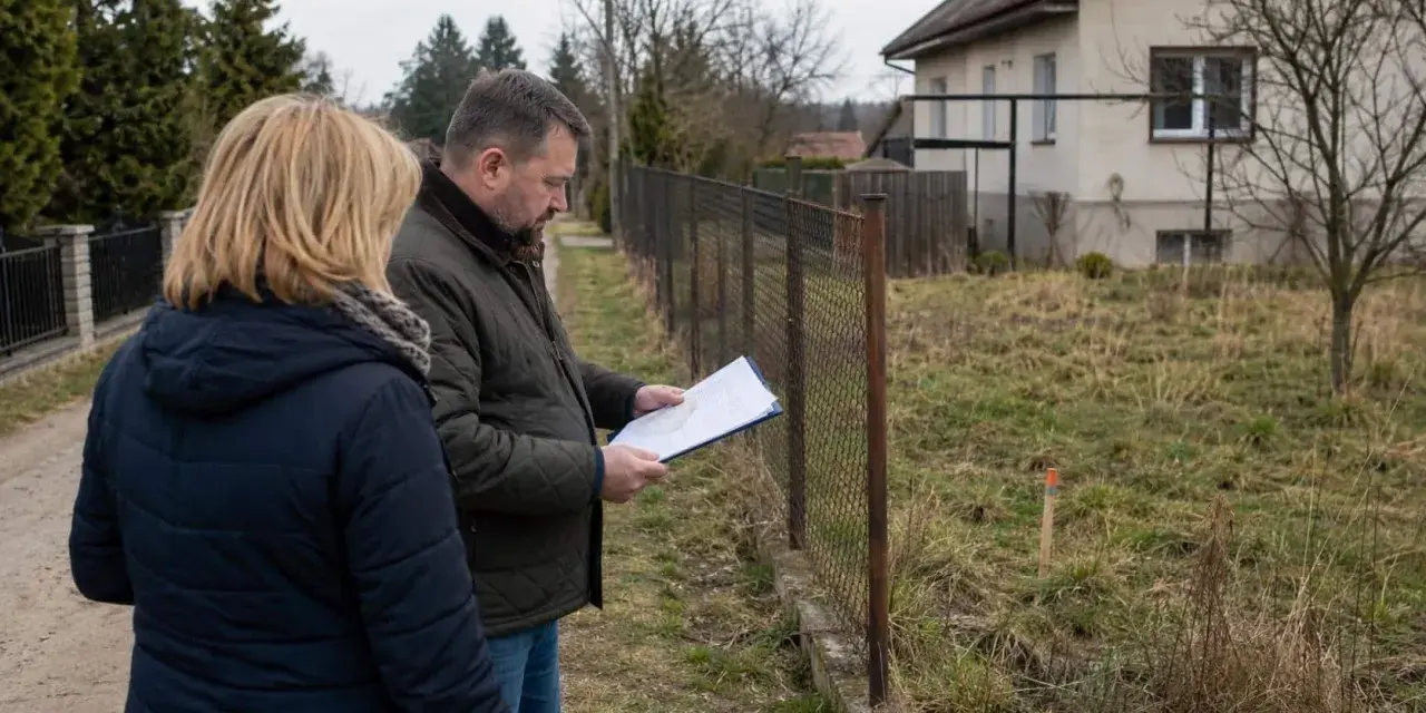 Wznowienie granic działki, mężczyzna z dokumentami przy płocie, dyskusja o zasiedzeniu.