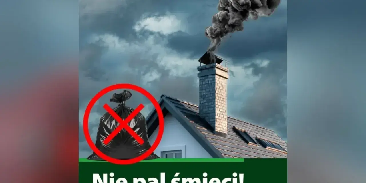 Dymiący komin i przekreślony worek ze śmieciami. To apel o przestrzeganie wymogu ochrony przed zadymieniem sąsiadów i dbanie o czyste powietrze.