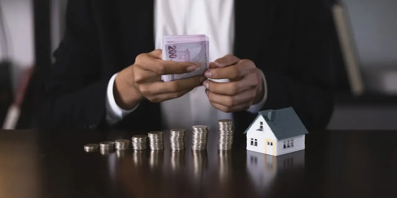 Osoba w garniturze liczy pieniądze obok modelu domu i stosów monet. Czy zaliczka jest zwrotna?
