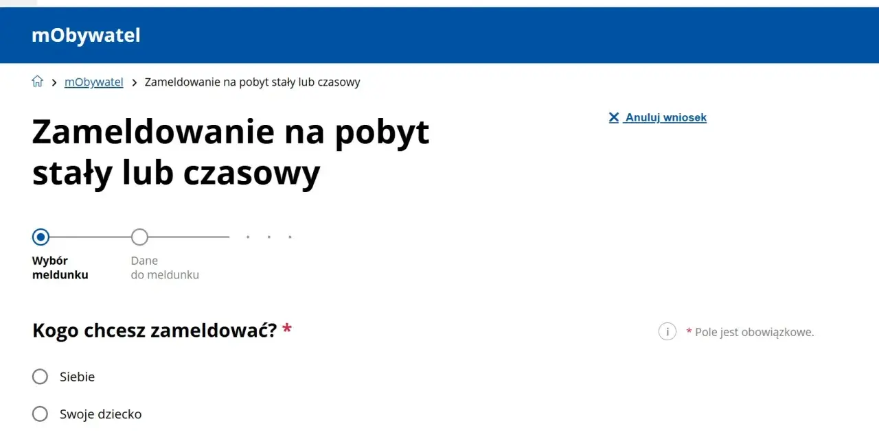Strona mObywatel: zameldowanie na pobyt stały lub czasowy. Wybierz, kogo chcesz zameldować, aby dokonać zmiany adresu zameldowania.