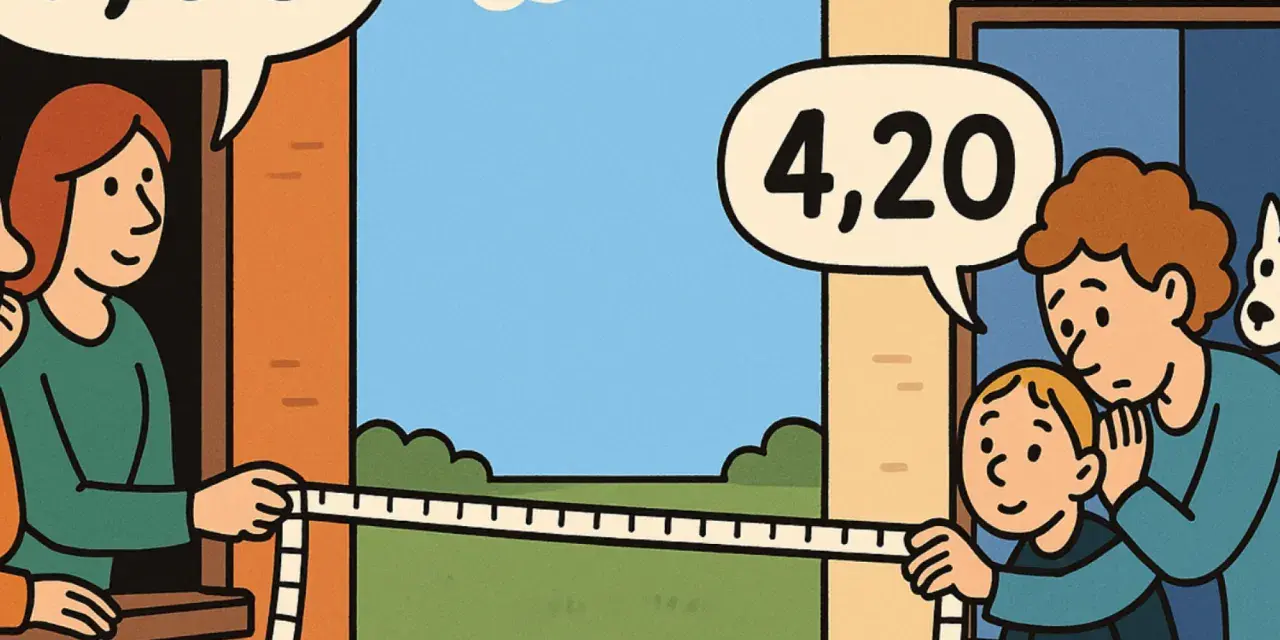 Sąsiedzi mierzą odległość okna od granicy działki. Jeden mówi "5,60", drugi "4,20".