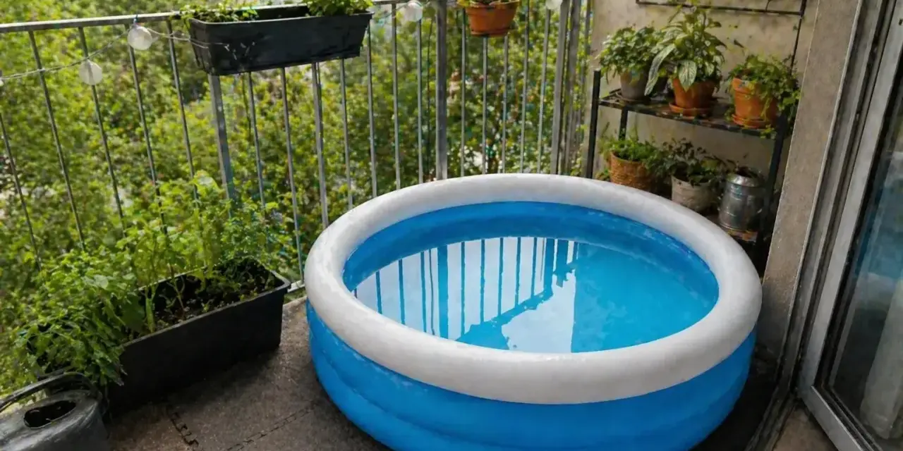 Nadmuchiwany basen na balkonie, otoczony zielenią, czeka na letnie orzeźwienie.
