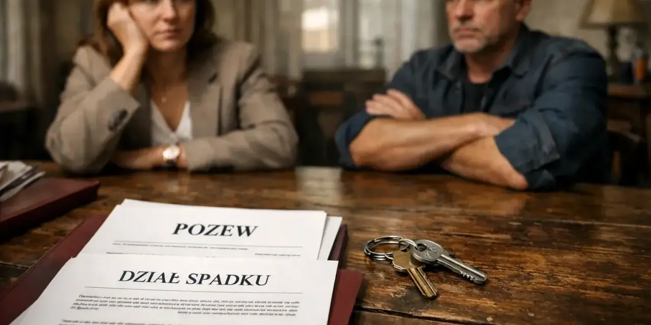Spłata rodzeństwa mieszkanie po rodzicach. Na stole dokumenty "Dział Spadku" i klucze.