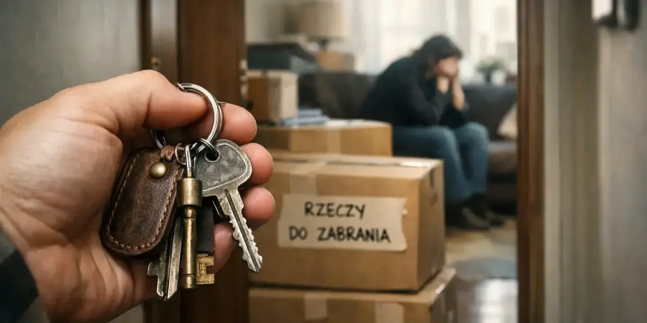 Klucze w dłoni symbolizują koniec pewnego etapu. W tle smutna postać i kartony, świadczące o trudnej sytuacji, być może eksmisja z domu rodzinnego.