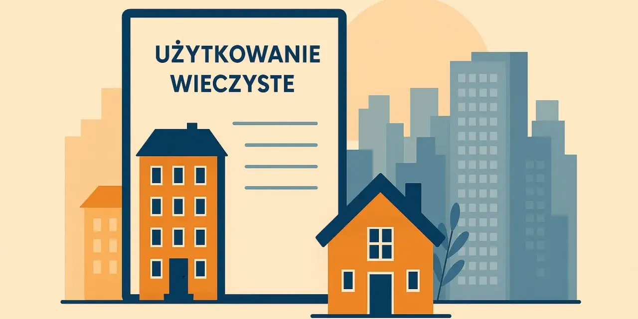 Dokument "Użytkowanie wieczyste" obok domów i wieżowców.