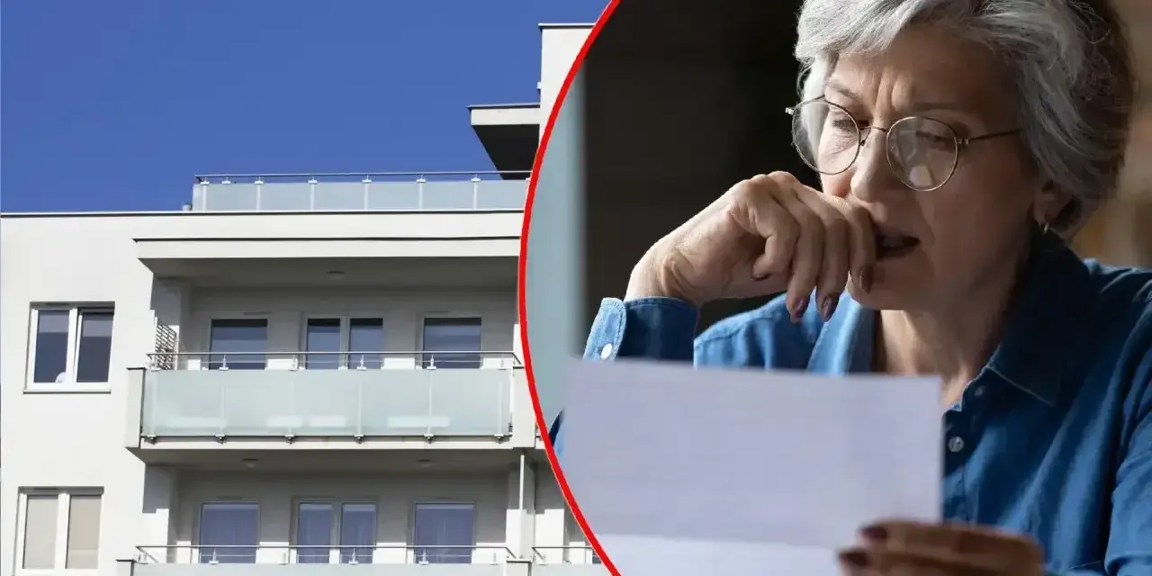 Zmartwiona starsza kobieta czyta list obok nowoczesnego bloku mieszkalnego. Czy to oznacza, że odstąpię mieszkanie TBS?