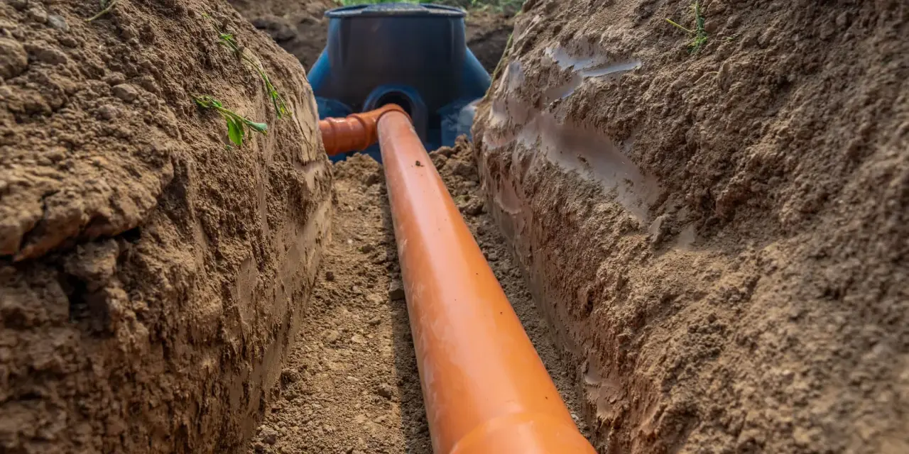 Pomarańczowa rura kanalizacyjna prowadzi do studzienki rewizyjnej sąsiada, zakopana w wykopie.
