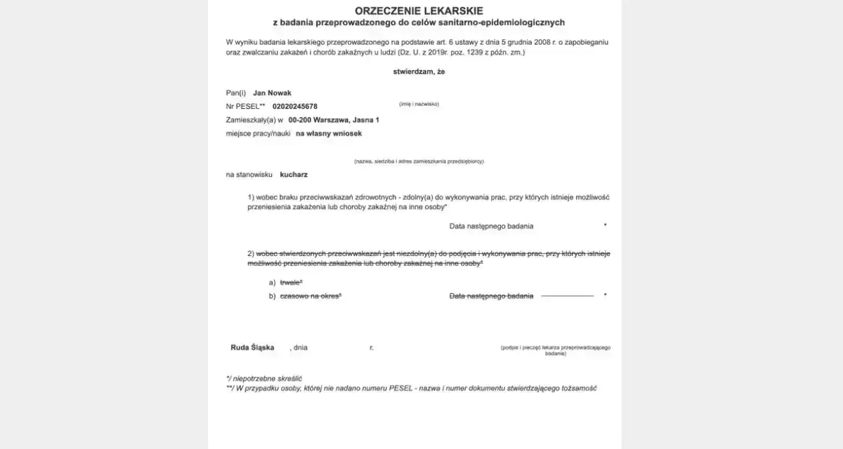Orzeczenie lekarskie dla Jana Nowaka, kucharza, zamieszkałego w Warszawie. Adres do korespondencji: 00-200 Warszawa, Jasna 1.