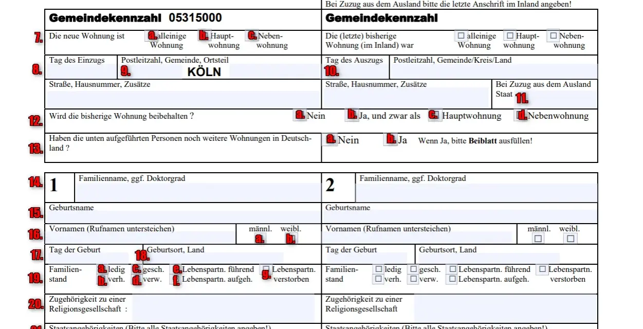 Formular zur Anmeldung einer Wohnung. Wichtige Felder: neue Wohnung, bisherige Wohnung, Familienname, Geburtsname, Vornamen. Kogo można zameldować w mieszkaniu komunalnym?