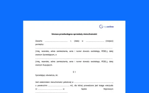 Umowa przedwstępna sprzedaży nieruchomości z zadatkiem. Dokument zawiera dane sprzedającego i kupującego, a także oświadczenie sprzedającego o prawie własności.