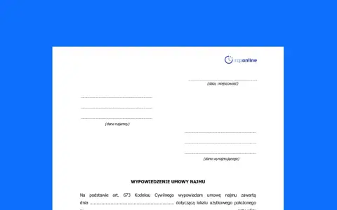 Wypowiedzenie umowy najmu, które może wiązać się z karą za zerwanie umowy najmu na czas określony. Dokument zawiera pola na dane najemcy i wynajmującego.