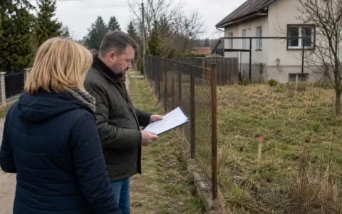 Wznowienie granic działki, mężczyzna z dokumentami przy płocie, dyskusja o zasiedzeniu.