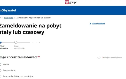 Strona mObywatel: zameldowanie na pobyt stały lub czasowy. Wybierz, kogo chcesz zameldować, aby dokonać zmiany adresu zameldowania.