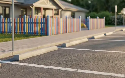 Pusta nawierzchnia asfaltowa z wyznaczonymi białymi liniami i betonowymi odbojnikami. W tle kolorowy płotek i budynek. Widać, że szerokość miejsca parkingowego jest standardowa.