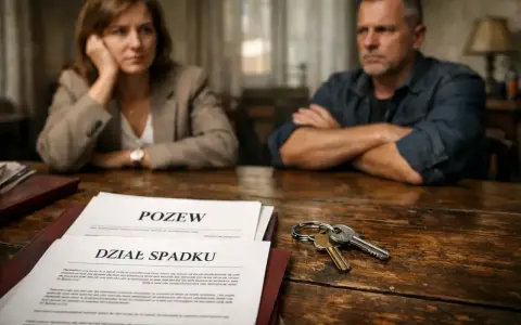 Spłata rodzeństwa mieszkanie po rodzicach. Na stole dokumenty "Dział Spadku" i klucze.