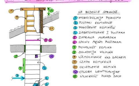 Schemat kontroli wykonania przewodów kominowych w bloku: hydroizolacja, pustaki, zaprawa, pionowość, dylatacja, ocieplenie i otwory wentylacyjne.