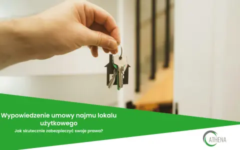 Dłoń trzyma klucze z breloczkiem w kształcie domu. Tekst informuje o wypowiedzeniu umowy najmu lokalu użytkowego i ochronie praw.