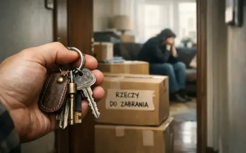Klucze w dłoni symbolizują koniec pewnego etapu. W tle smutna postać i kartony, świadczące o trudnej sytuacji, być może eksmisja z domu rodzinnego.