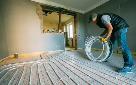 Instalator układa rury do ogrzewania podłogowego w bloku. To może być nielegalne ogrzewanie podłogowe w bloku, jeśli nie ma zgody.