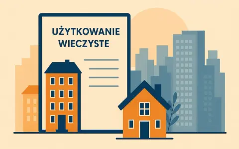 Dokument "Użytkowanie wieczyste" obok domów i wieżowców.