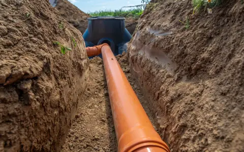Pomarańczowa rura kanalizacyjna prowadzi do studzienki rewizyjnej sąsiada, zakopana w wykopie.