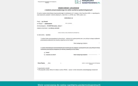 Orzeczenie lekarskie dla Jana Nowaka, kucharza, zamieszkałego w Warszawie. Adres do korespondencji: 00-200 Warszawa, Jasna 1.