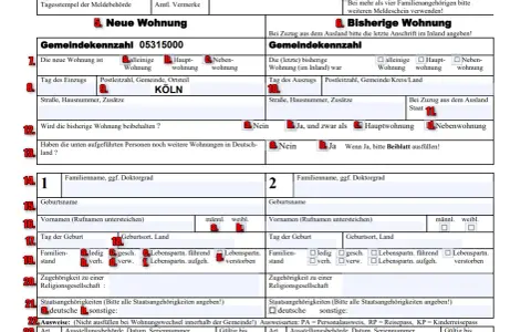 Formular zur Anmeldung einer Wohnung. Wichtige Felder: neue Wohnung, bisherige Wohnung, Familienname, Geburtsname, Vornamen. Kogo można zameldować w mieszkaniu komunalnym?