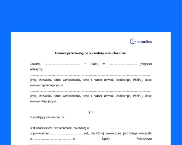Umowa przedwstępna sprzedaży nieruchomości z zadatkiem. Dokument zawiera dane sprzedającego i kupującego, a także oświadczenie sprzedającego o prawie własności.