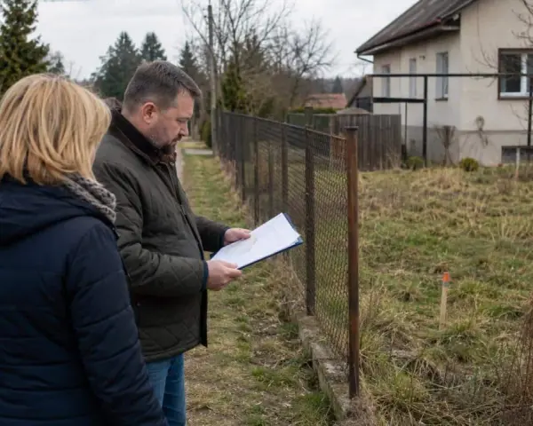 Wznowienie granic działki, mężczyzna z dokumentami przy płocie, dyskusja o zasiedzeniu.