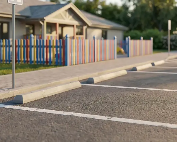 Pusta nawierzchnia asfaltowa z wyznaczonymi białymi liniami i betonowymi odbojnikami. W tle kolorowy płotek i budynek. Widać, że szerokość miejsca parkingowego jest standardowa.