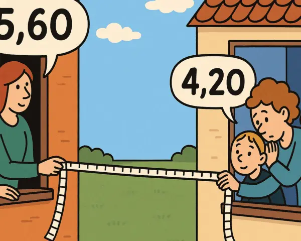 Sąsiedzi mierzą odległość okna od granicy działki. Jeden mówi "5,60", drugi "4,20".