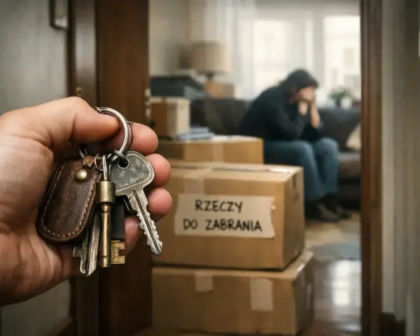 Klucze w dłoni symbolizują koniec pewnego etapu. W tle smutna postać i kartony, świadczące o trudnej sytuacji, być może eksmisja z domu rodzinnego.