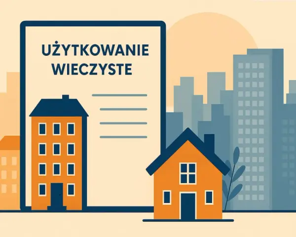 Dokument "Użytkowanie wieczyste" obok domów i wieżowców.