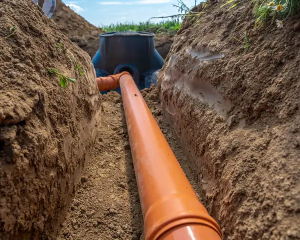 Pomarańczowa rura kanalizacyjna prowadzi do studzienki rewizyjnej sąsiada, zakopana w wykopie.