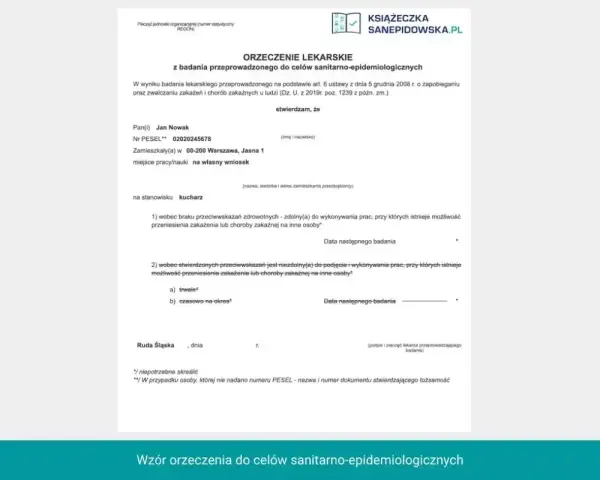 Orzeczenie lekarskie dla Jana Nowaka, kucharza, zamieszkałego w Warszawie. Adres do korespondencji: 00-200 Warszawa, Jasna 1.