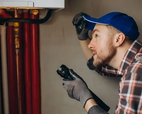 Instalator z latarką bada rury. Sąsiad nie zgadza się na wymianę pionu, co utrudnia pracę.