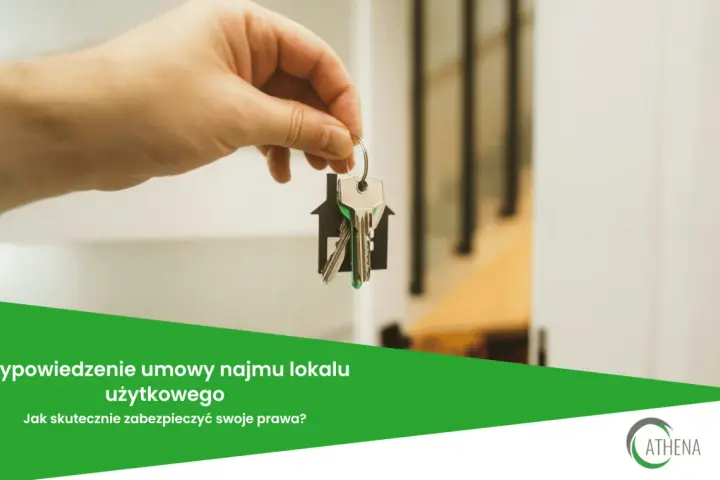 Dłoń trzyma klucze z breloczkiem w kształcie domu. Tekst informuje o wypowiedzeniu umowy najmu lokalu użytkowego i ochronie praw.
