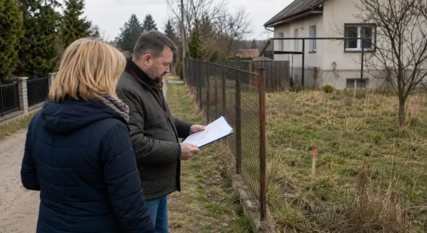 Wznowienie granic działki, mężczyzna z dokumentami przy płocie, dyskusja o zasiedzeniu.