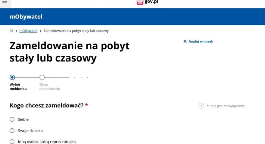 Strona mObywatel: zameldowanie na pobyt stały lub czasowy. Wybierz, kogo chcesz zameldować, aby dokonać zmiany adresu zameldowania.