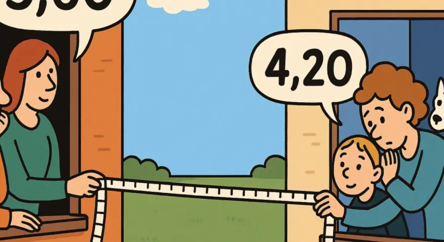 Sąsiedzi mierzą odległość okna od granicy działki. Jeden mówi "5,60", drugi "4,20".