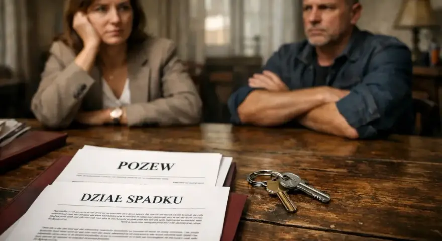 Spłata rodzeństwa mieszkanie po rodzicach. Na stole dokumenty "Dział Spadku" i klucze.