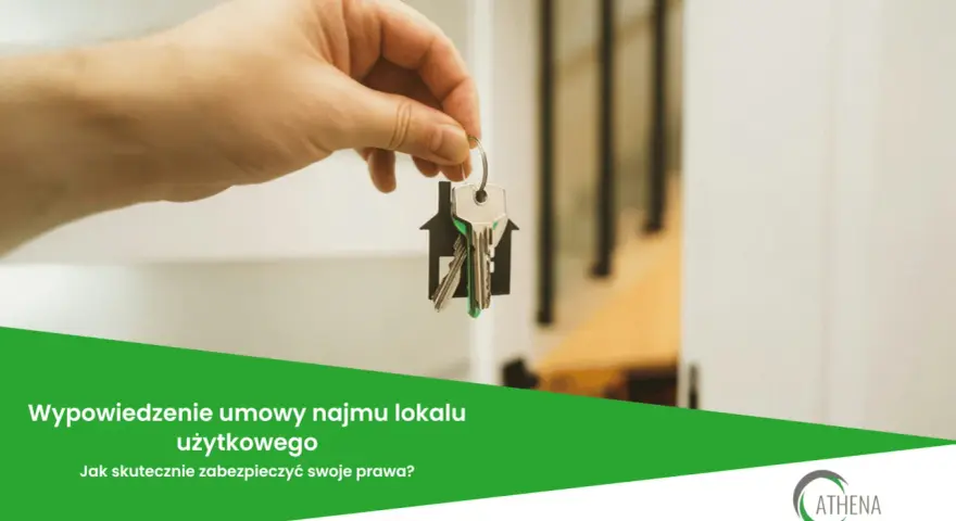 Dłoń trzyma klucze z breloczkiem w kształcie domu. Tekst informuje o wypowiedzeniu umowy najmu lokalu użytkowego i ochronie praw.