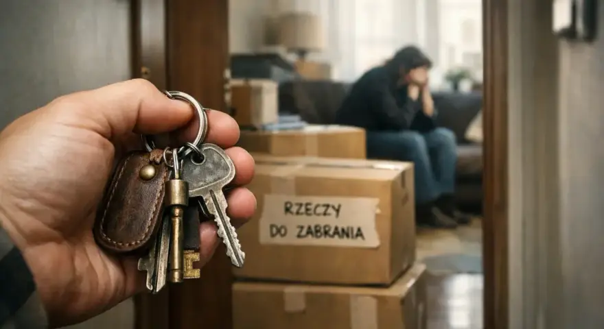 Klucze w dłoni symbolizują koniec pewnego etapu. W tle smutna postać i kartony, świadczące o trudnej sytuacji, być może eksmisja z domu rodzinnego.